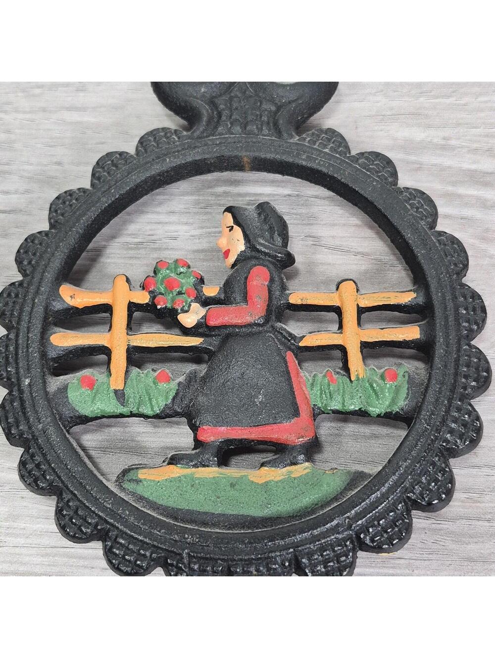 Dalecraft Dutch Amish Folk Art Woman Flowers Cast Iron Trivet Wall Decor